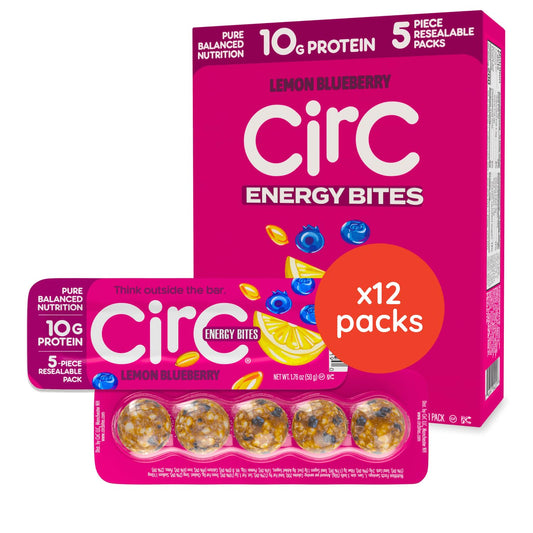 CirC Energy Bites tray showing 12 packs for on-the-go snacking.