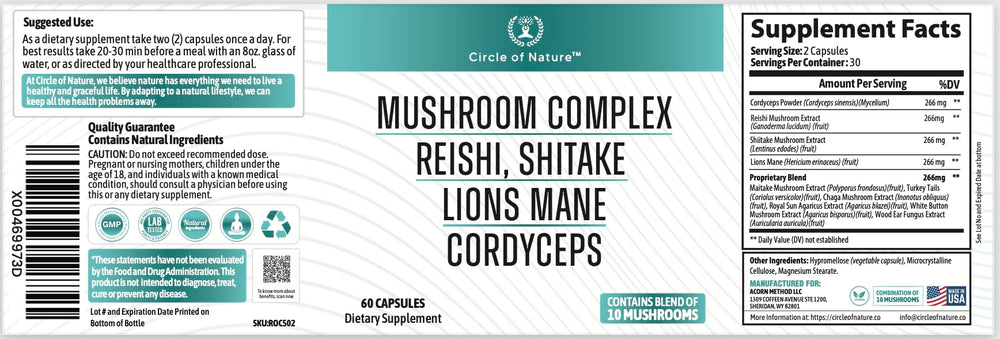 Circle of Nature Brain Booster mushroom blend ingredients showcase diverse mushrooms.