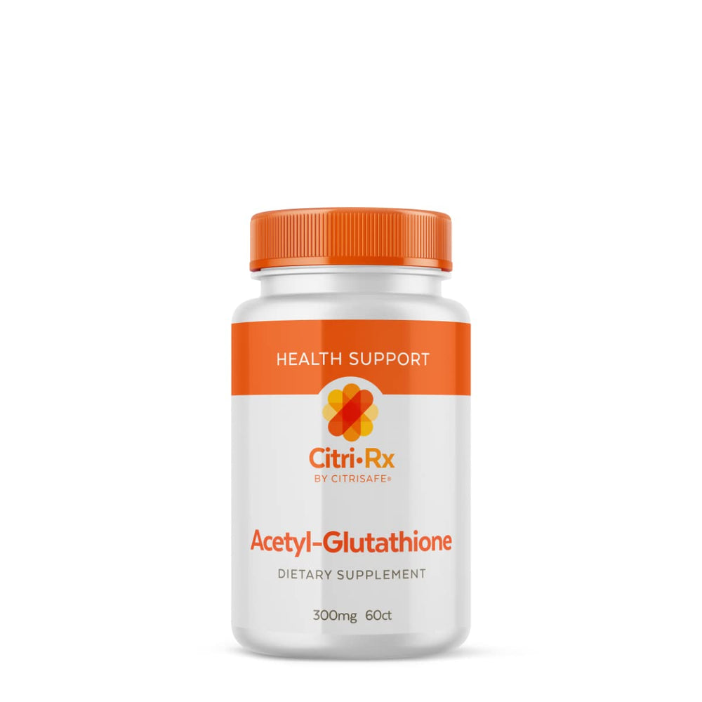 CitriRx Acetyl Glutathione 300mg bottle highlights premium formulation and dosage.