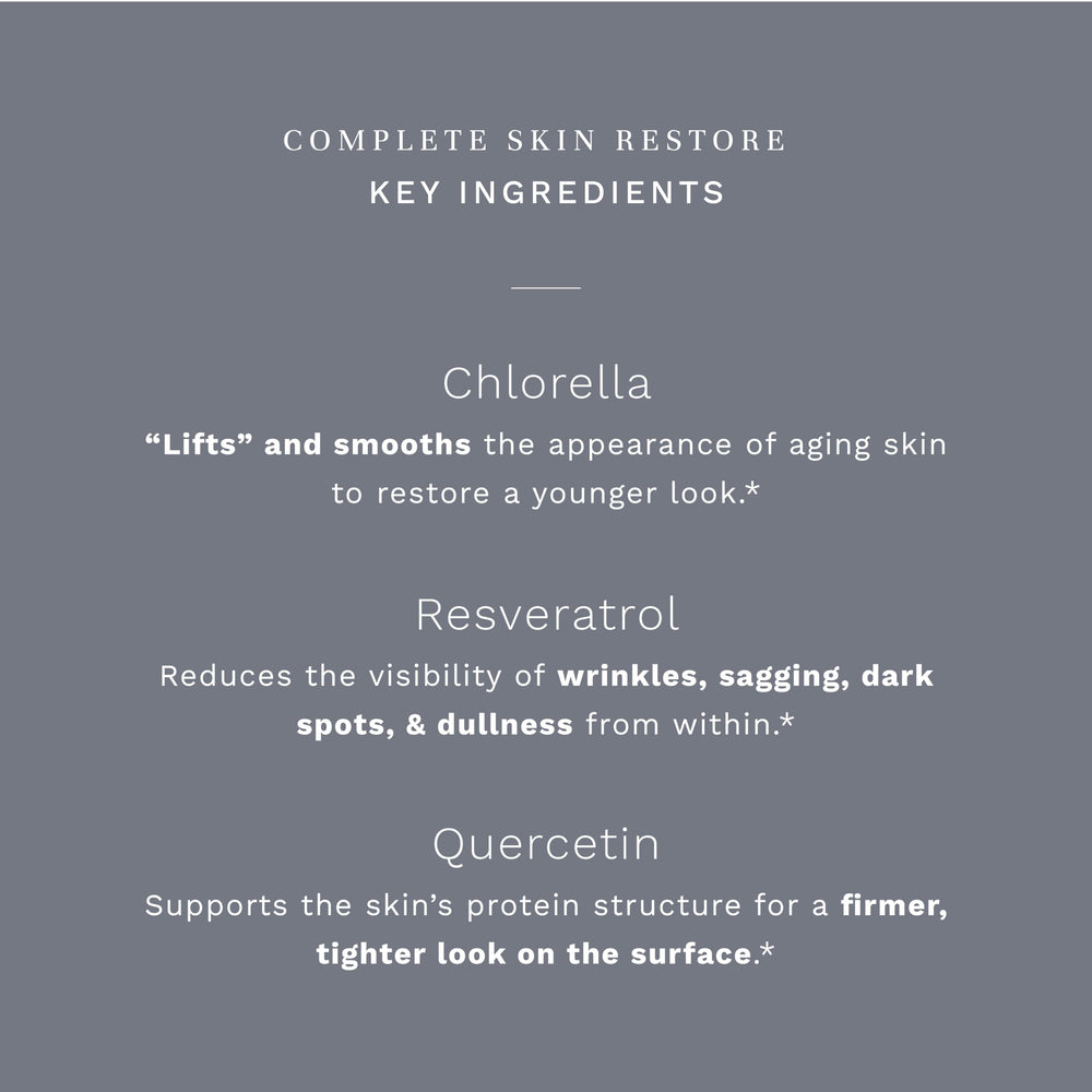 City Beauty Complete Skin Restore bottle label highlights collagen-supporting ingredients for firmer-looking skin.