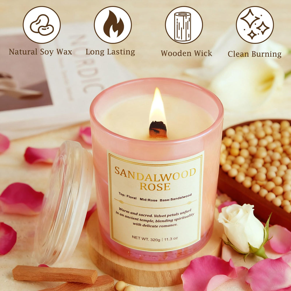 CJVIUS sandalwood rose candle close-up showing warm, inviting aroma.