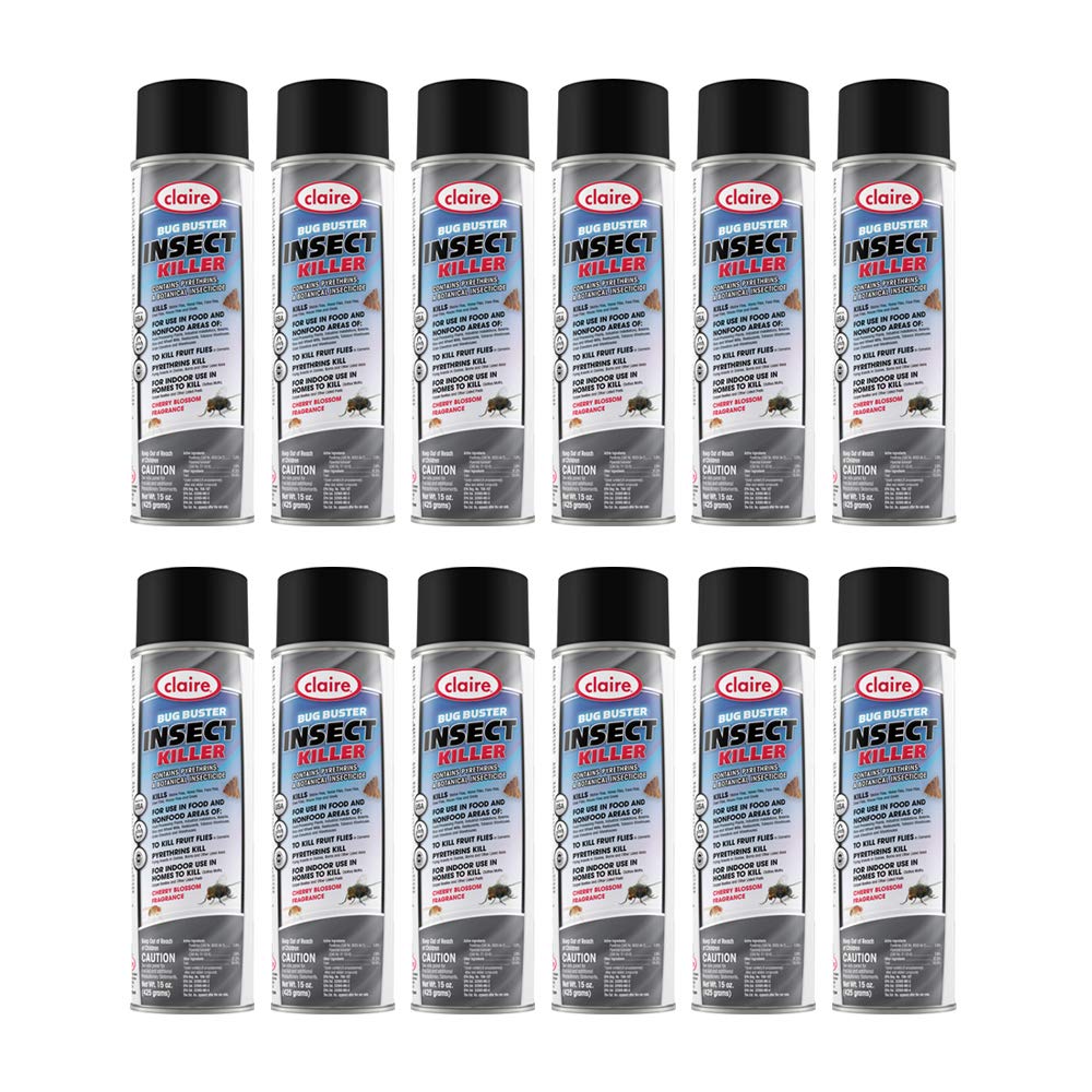 Claire Bug Buster 15oz bottle shown for indoor and outdoor use against flying insects.