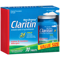 Claritin 24-hour relief tablet with 10 mg loratadine for non-drowsy relief.