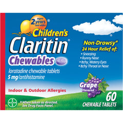 Claritin Children's Chewables Grapes front label shows kid-friendly non-drowsy relief