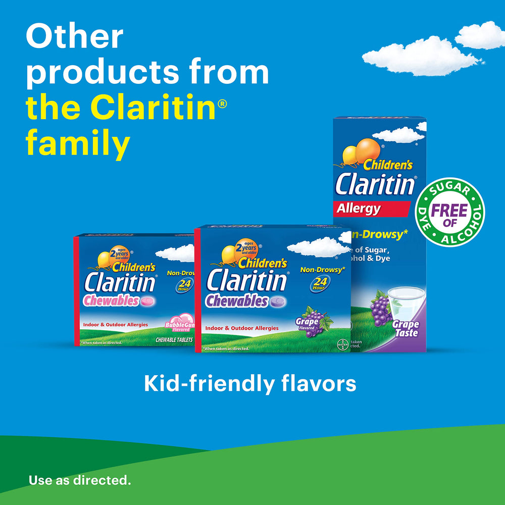 Packaging label detail highlights Claritin dosing and non-drowsy formula.