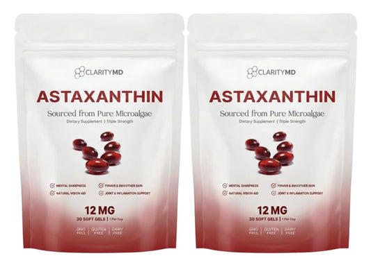 ClarityMD Astaxanthin 12mg softgels highlighting antioxidant support potential.