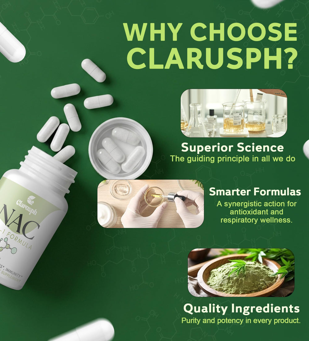 Clarusph NAC bottle with bromelain visual implying respiratory support benefits.