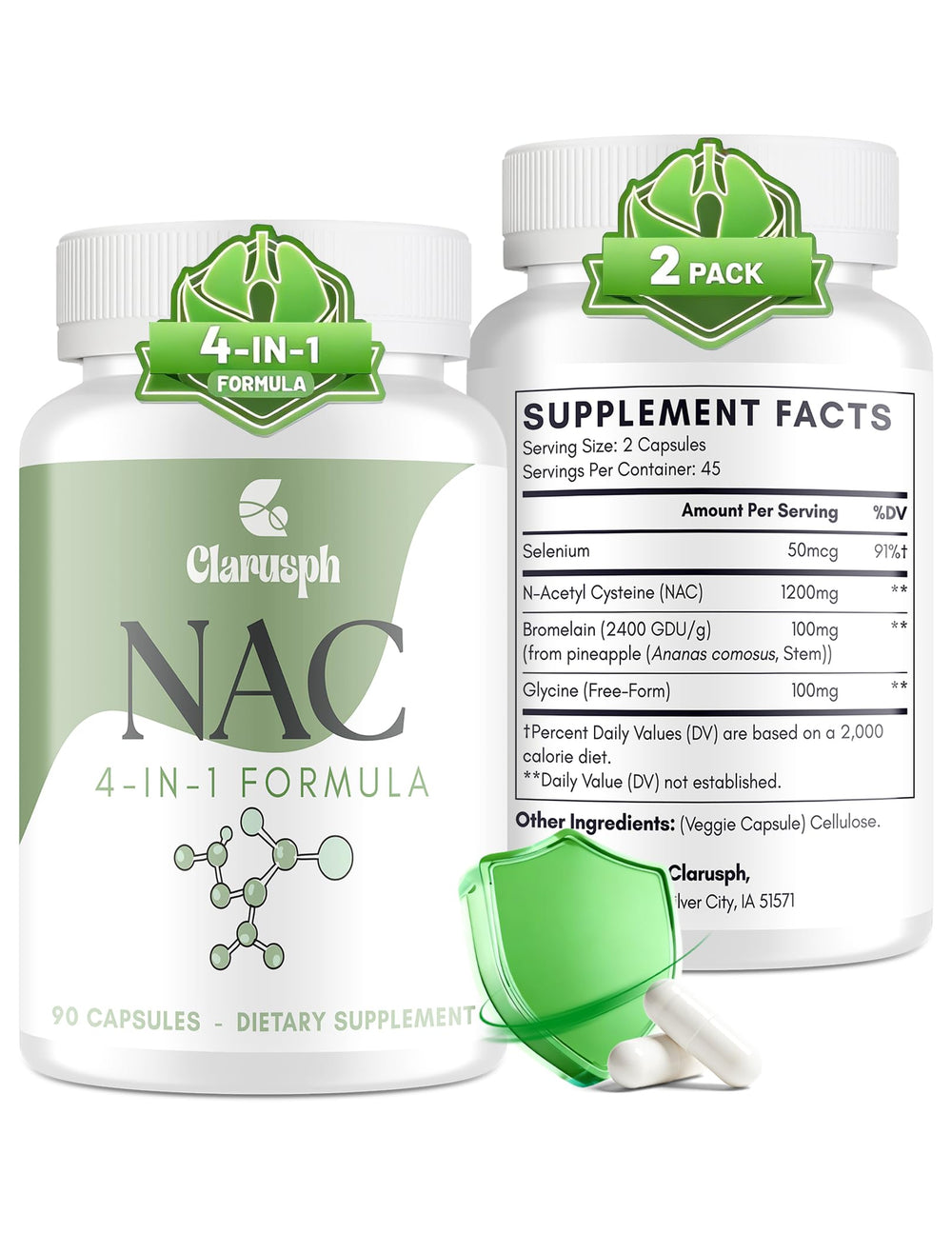 Clarusph NAC supplement bottle for daily immune support and respiratory wellness.