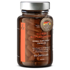 CLAV Citrus Bioflavonoids bottle front highlights vibrant citrus tones for antioxidant support.