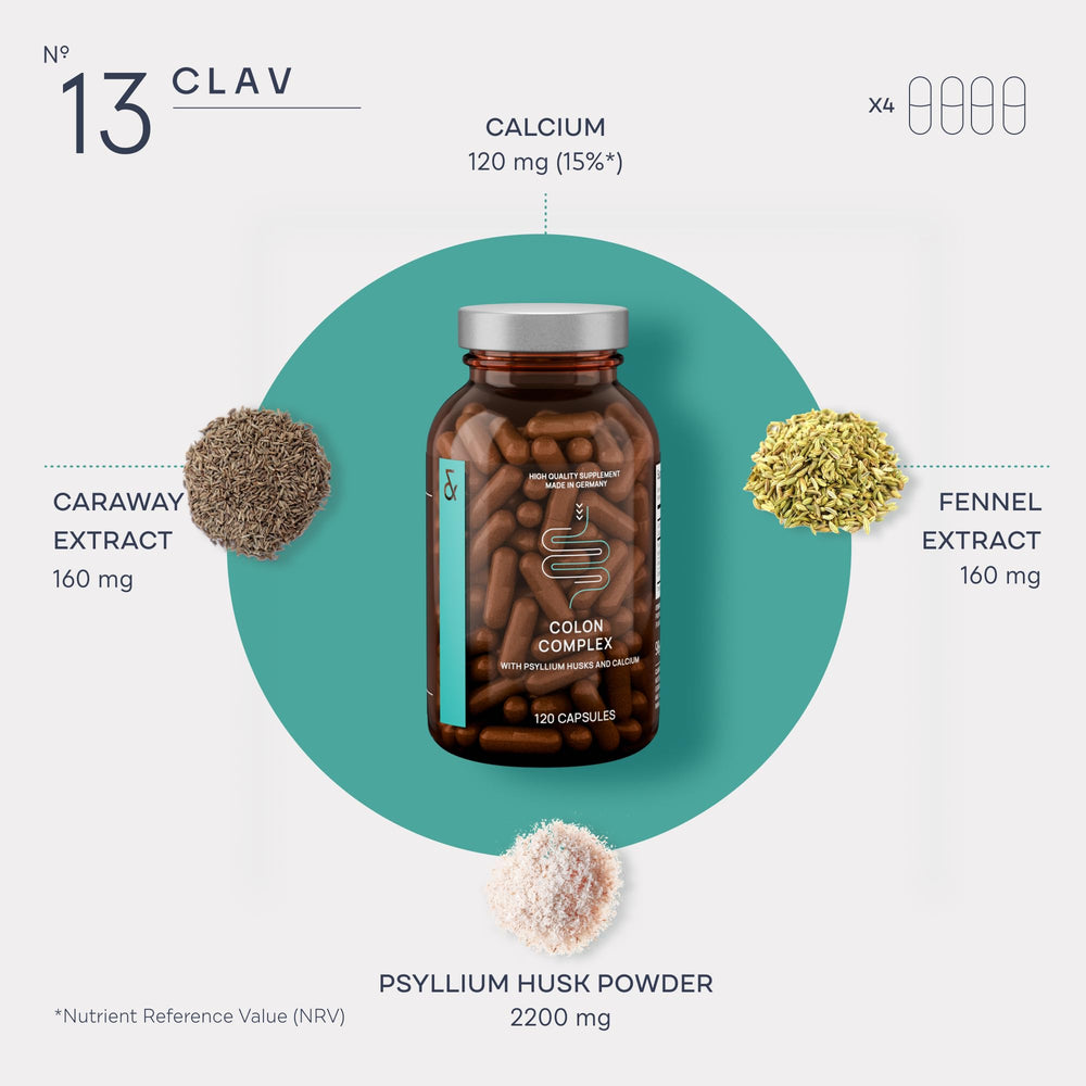 CLAV fennel extract capsules aiding gentle digestion and bloating relief.