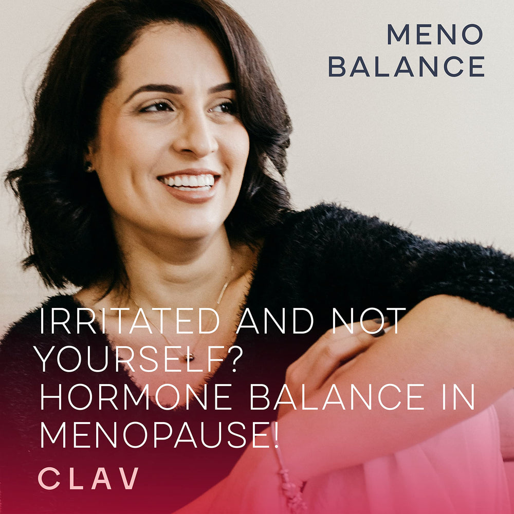 CLAV Meno Balance bottle back detail, highlighting vegan and allergy-friendly formulation.