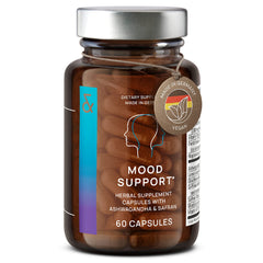CLAV Mood Support bottle on countertop promoting daily calm and balance.