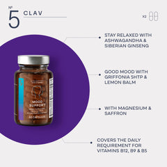 CLAV Mood Support label detail showing quality standards and ingredients.