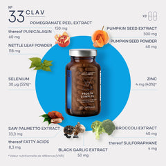 Pumpkin seed extract visuals highlight natural fatty acids in CLAV Prostate Health.