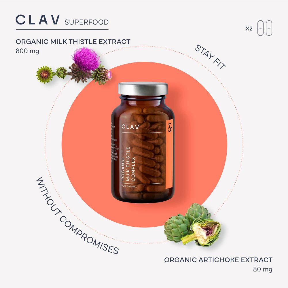 CLAV silymarin-rich formulation label showcases organic EU-certified ingredients