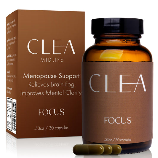 CLEA Midlife Focus bottle front highlighting a menopause brain fog support formula