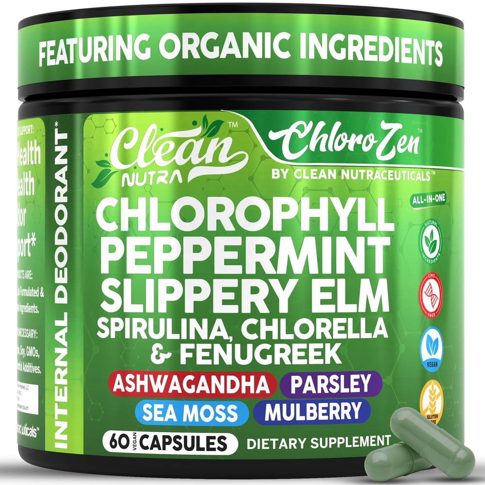Clean Nutra Chlorophyll Capsules packaging highlights vegan, odor-control formula.