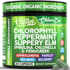 Clean Nutra Chlorophyll Capsules packaging highlights vegan, odor-control formula.