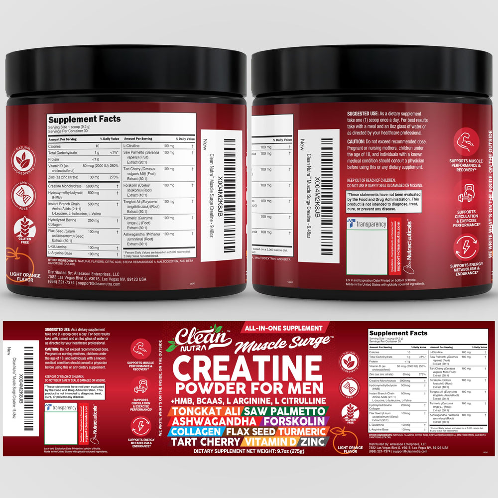 Kitchen counter scene featuring Clean Nutra Creatine powder jar.