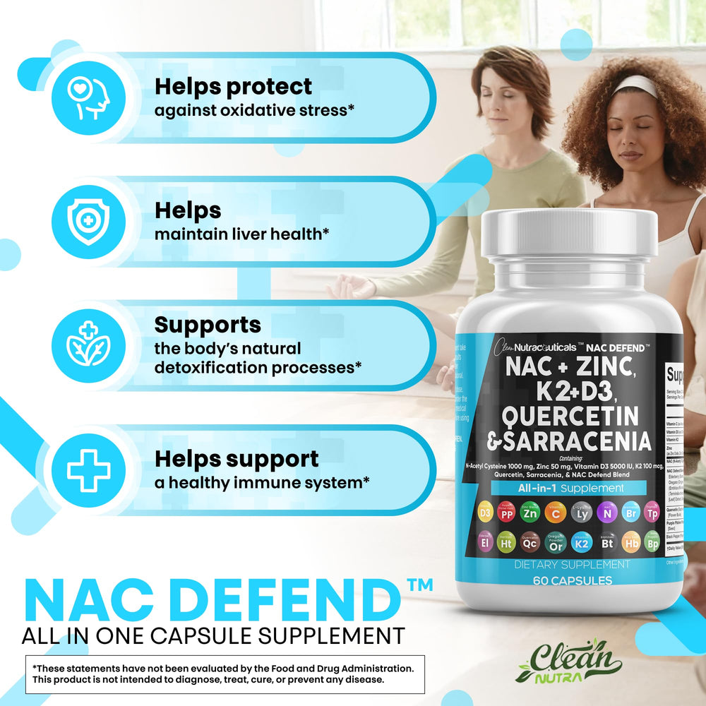 Clean Nutraceuticals NAC Defend dosage panel explains two capsules per serving
