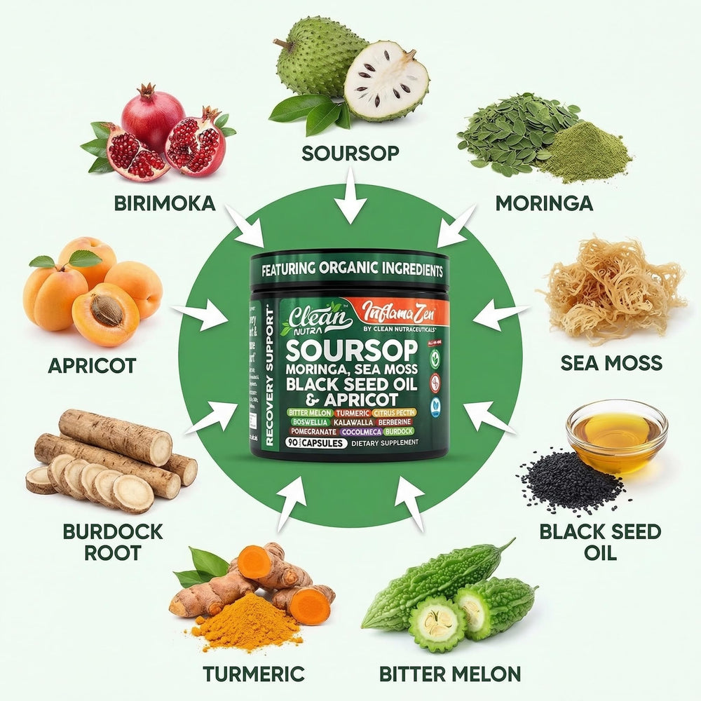 Clean Nutra Soursop sea moss and black seed oil ingredients close-up