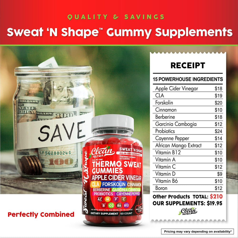 Clean Nutra Sweat N' Shape B12 and D3 vitamins for daily energy and immune wellness.