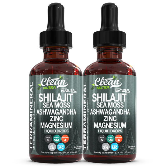 Clean Nutra Terra Mineral Shilajit drops bottle with sea moss for daily vitality.