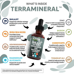 Sea moss-rich Terra Mineral Shilajit drops highlight mineral intake.