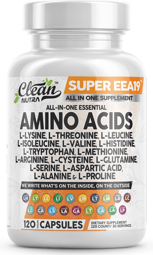 Clean Nutraceuticals amino acids bottle highlights a multi‑ingredient formula for muscle support and post‑workout recovery