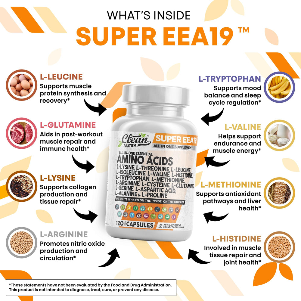 Clean Nutraceuticals amino acids capsules emphasize BCAAs and essential amino acids for endurance and recovery