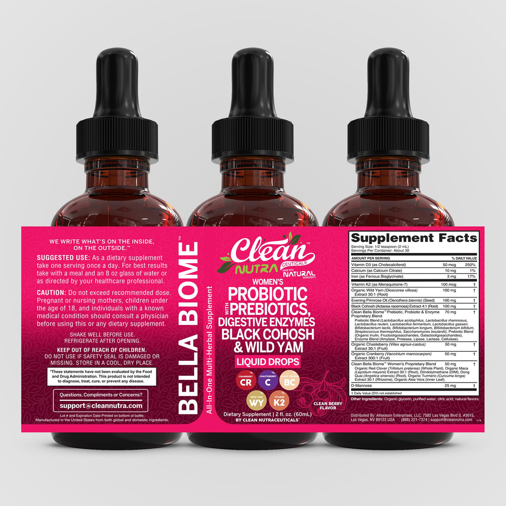 Red clover and probiotic blend in Bella Biotics for gut flora balance