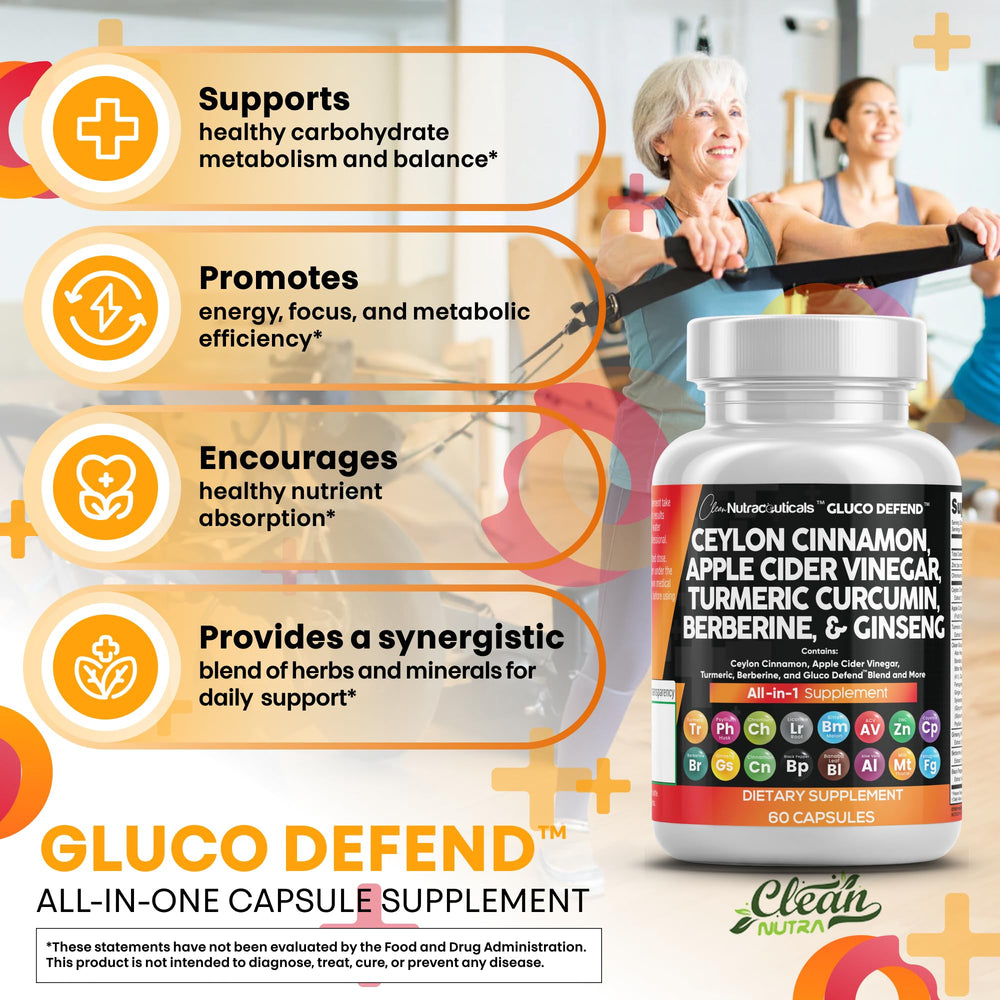 Gluco Defend cinnamon powder panel emphasizes Ceylon cinnamon