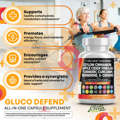 Gluco Defend cinnamon powder panel emphasizes Ceylon cinnamon
