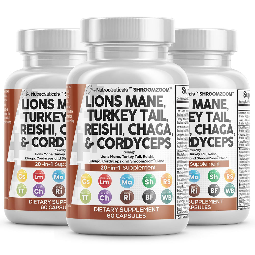 Clean Nutraceuticals Lions Mane 20in1 bottle-front supports daily focus and vitality