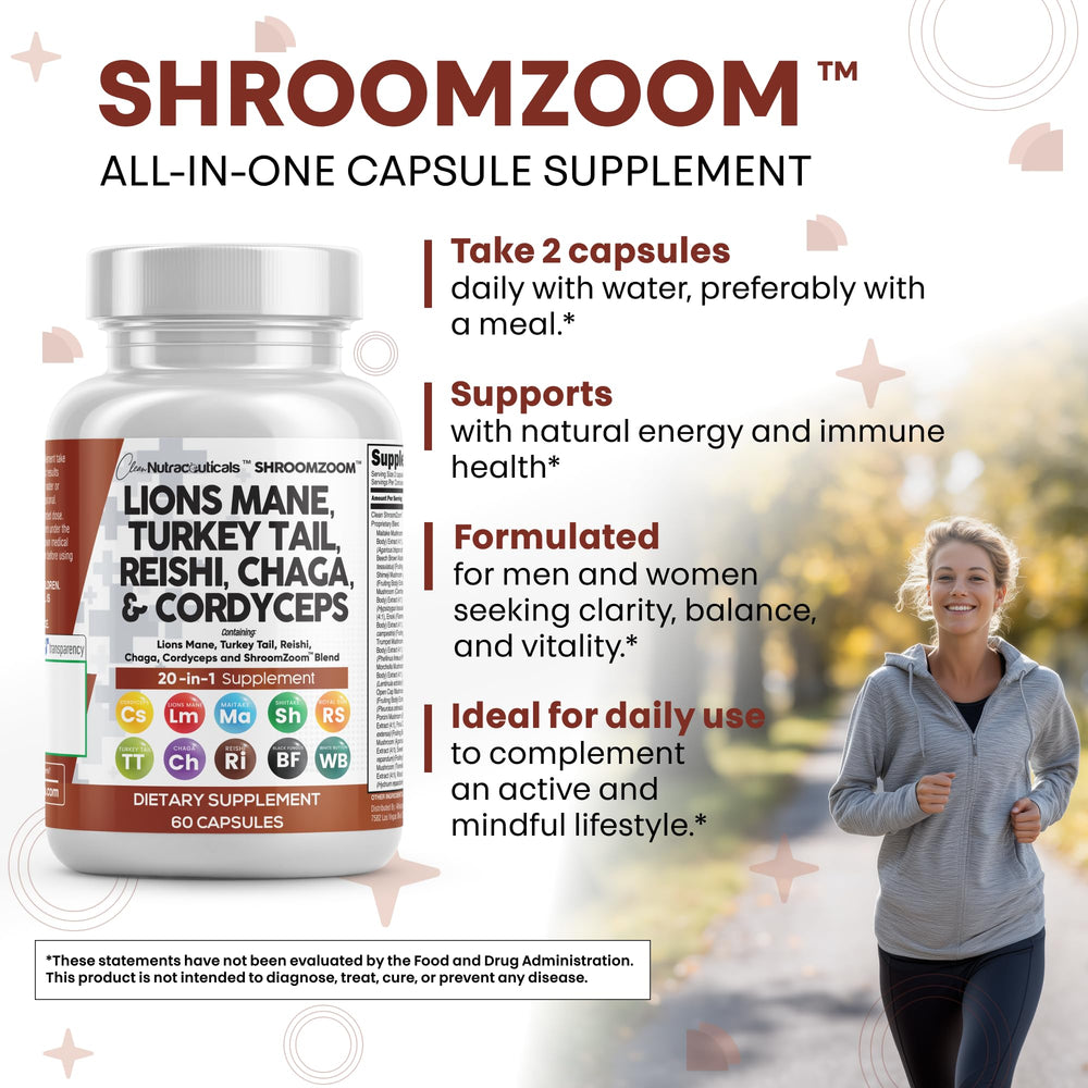 Clean Nutraceuticals Lions Mane 20in1 bottle-top shot emphasizes compact capsules