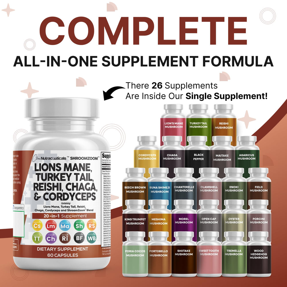 Clean Nutraceuticals Lions Mane 20in1 capsules closeup shows easy-to-swallow form