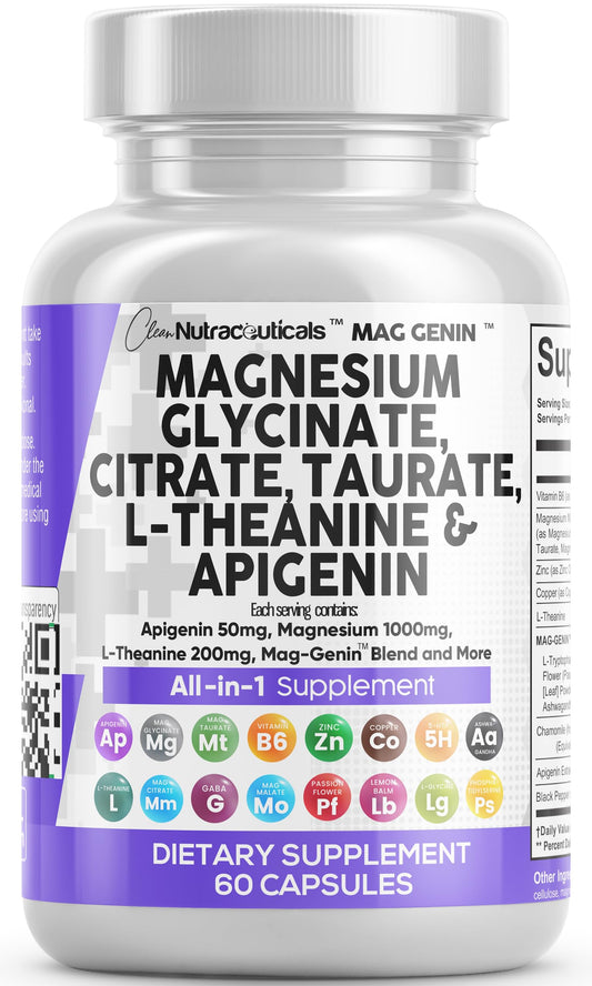 Clean Nutraceuticals Mag Genin bottle front showing a comprehensive magnesium complex for daily wellness.