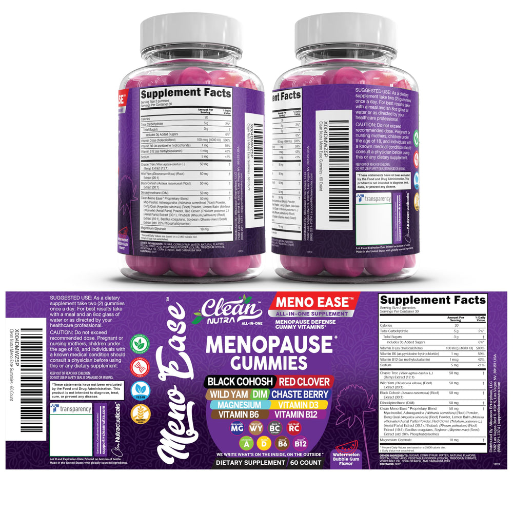 Clean Nutraceuticals menopause gummies bottle displayed.