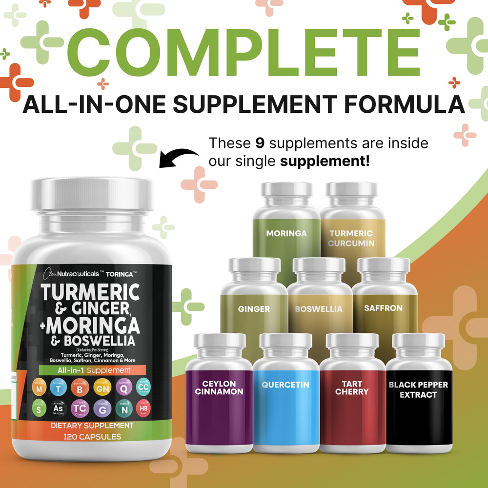 Clean Nutraceuticals Turmeric Moringa capsules closeup highlighting turmeric ginger pairing