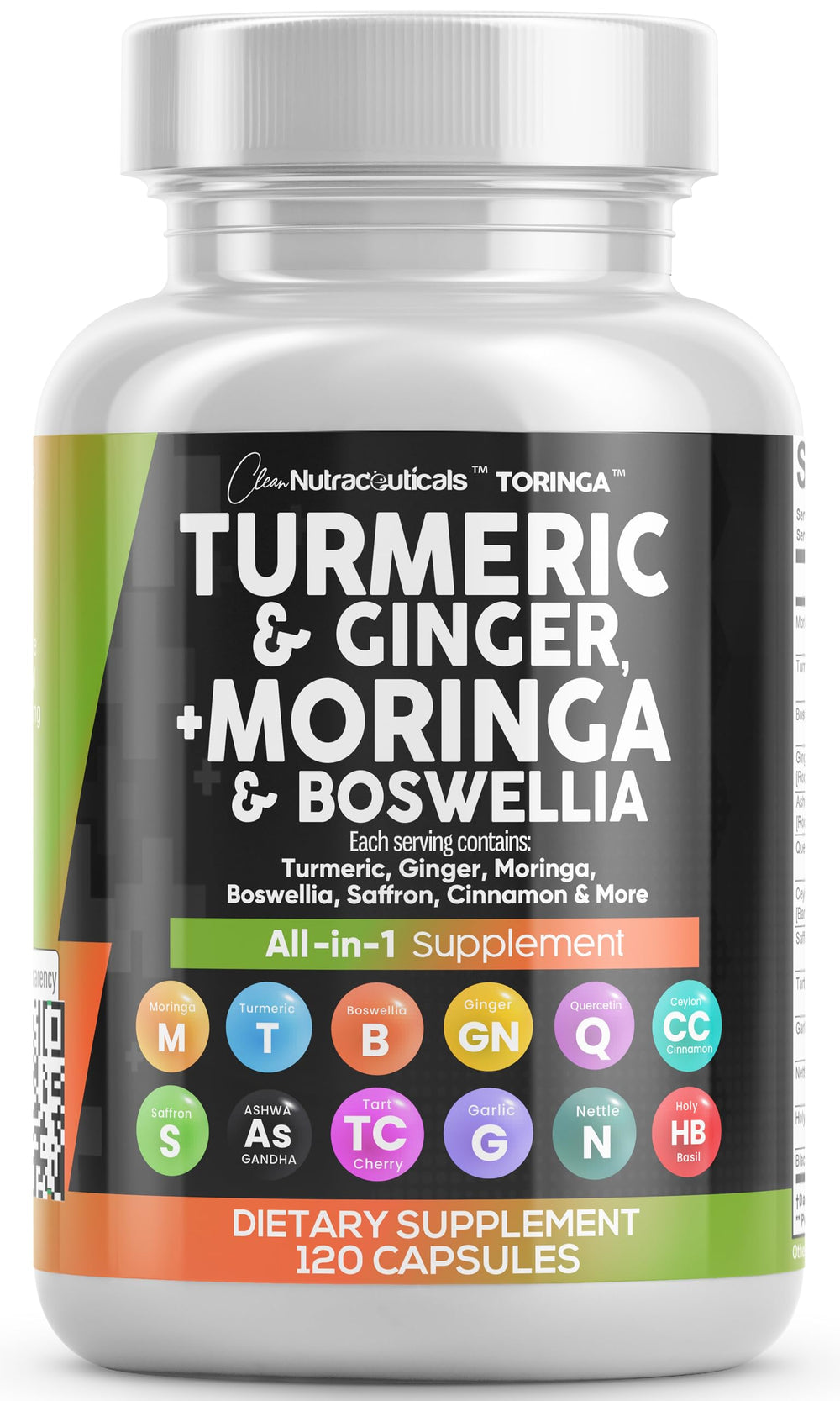 Clean Nutraceuticals turmeric-moringa supplement bottle with pour for daily support.