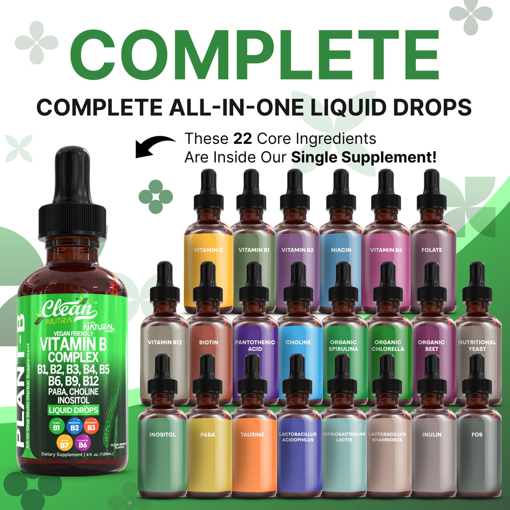 Clean Nutraceuticals Vitamin B Complex Liquid Drops label highlights vegan gluten-free formula