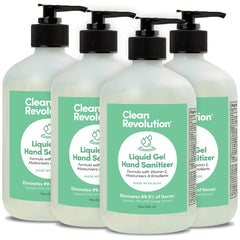 Clean Revolution gel hand sanitizer 18oz bottle with pump for quick germ reduction.