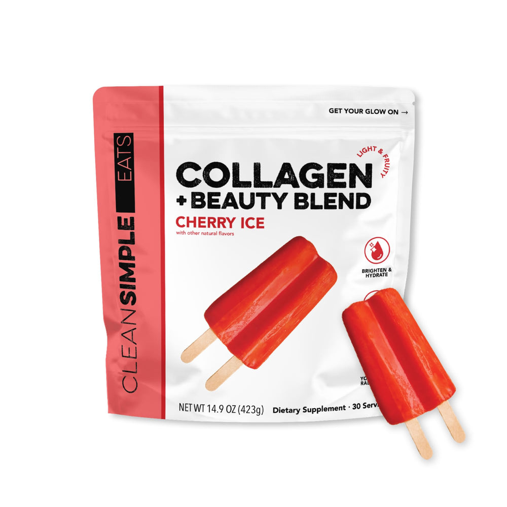 Clean Simple Eats Cherry Ice collagen bottle showing daily beauty support.