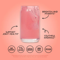 Clean Simple Eats Collagen Beauty Blend bottle label close-up shows grass-fed collagen and hyaluronic blend.