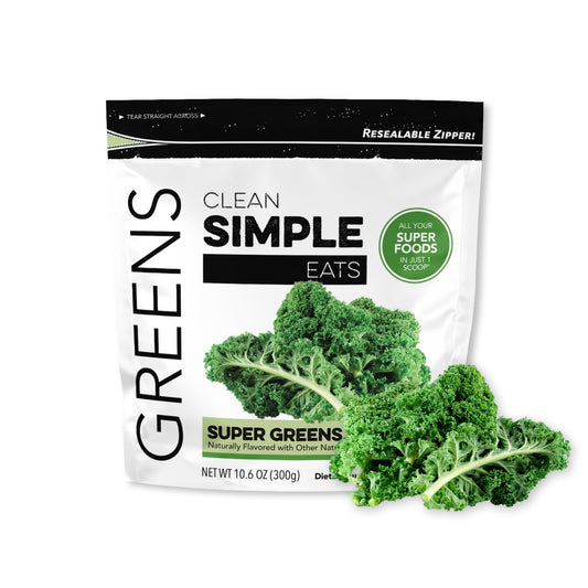 Clean Simple Eats Super Greens bottle pour for quick daily greens boost