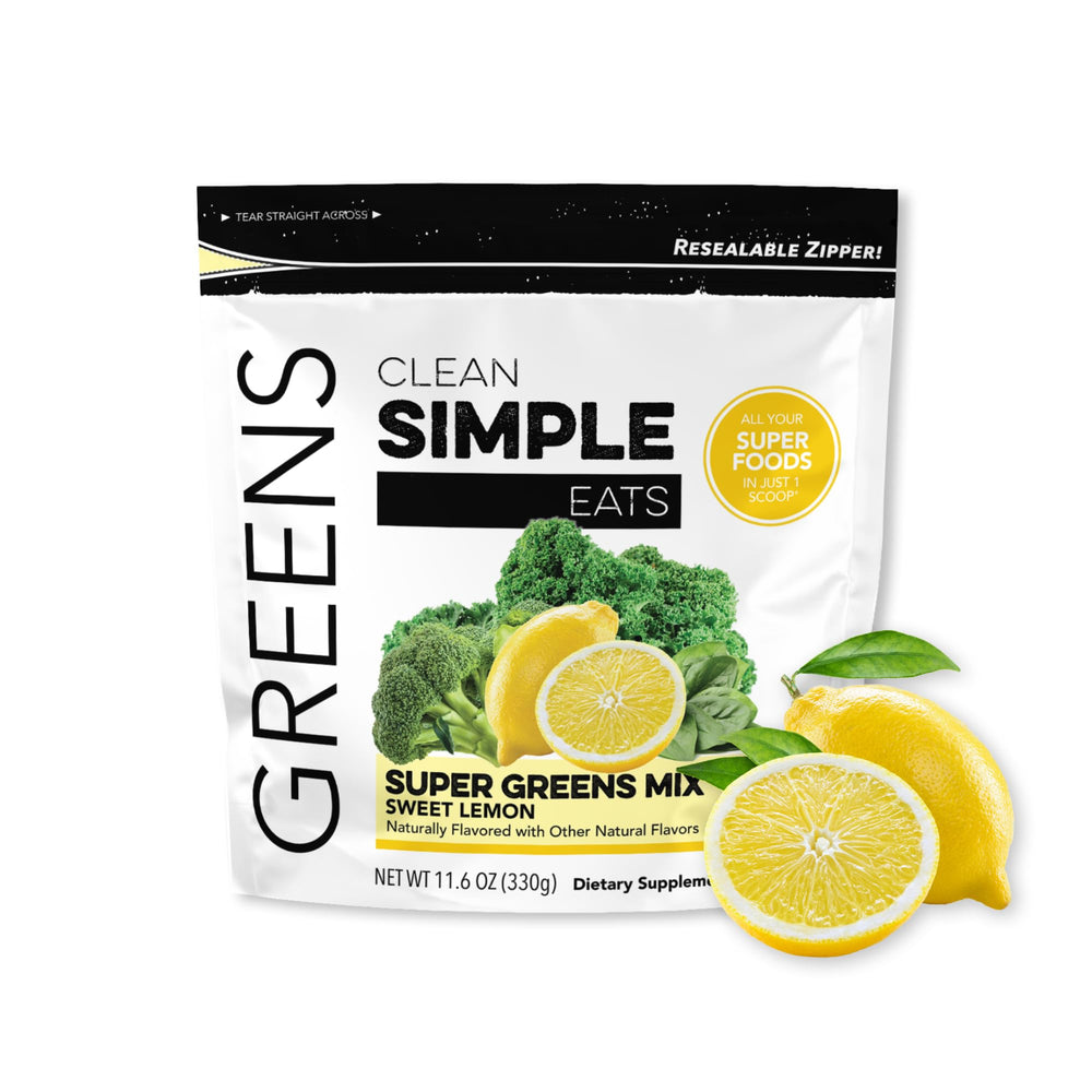 Clean Simple Eats Super Greens powder lemon tub pour, convenient daily greens boost