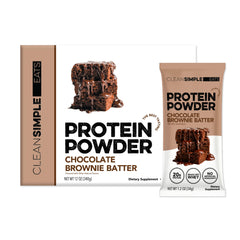 Clean Simple Eats whey protein chocolate brownie batter stick-pack for easy on-the-go protein.