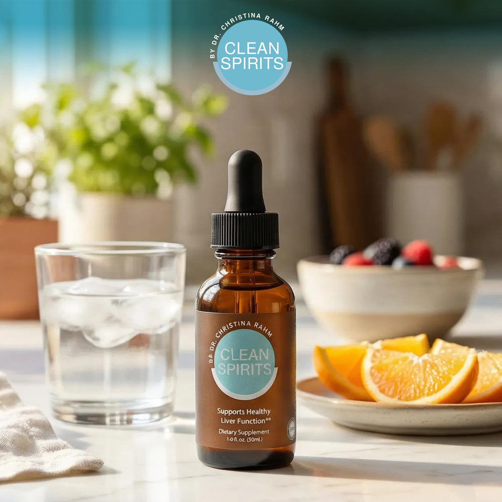 Clean Spirits daily-use bottle hints at energy and digestion balance.