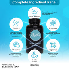 Clean Spirits Xoted Support ingredient panel—comprehensive blend for energy and recovery.