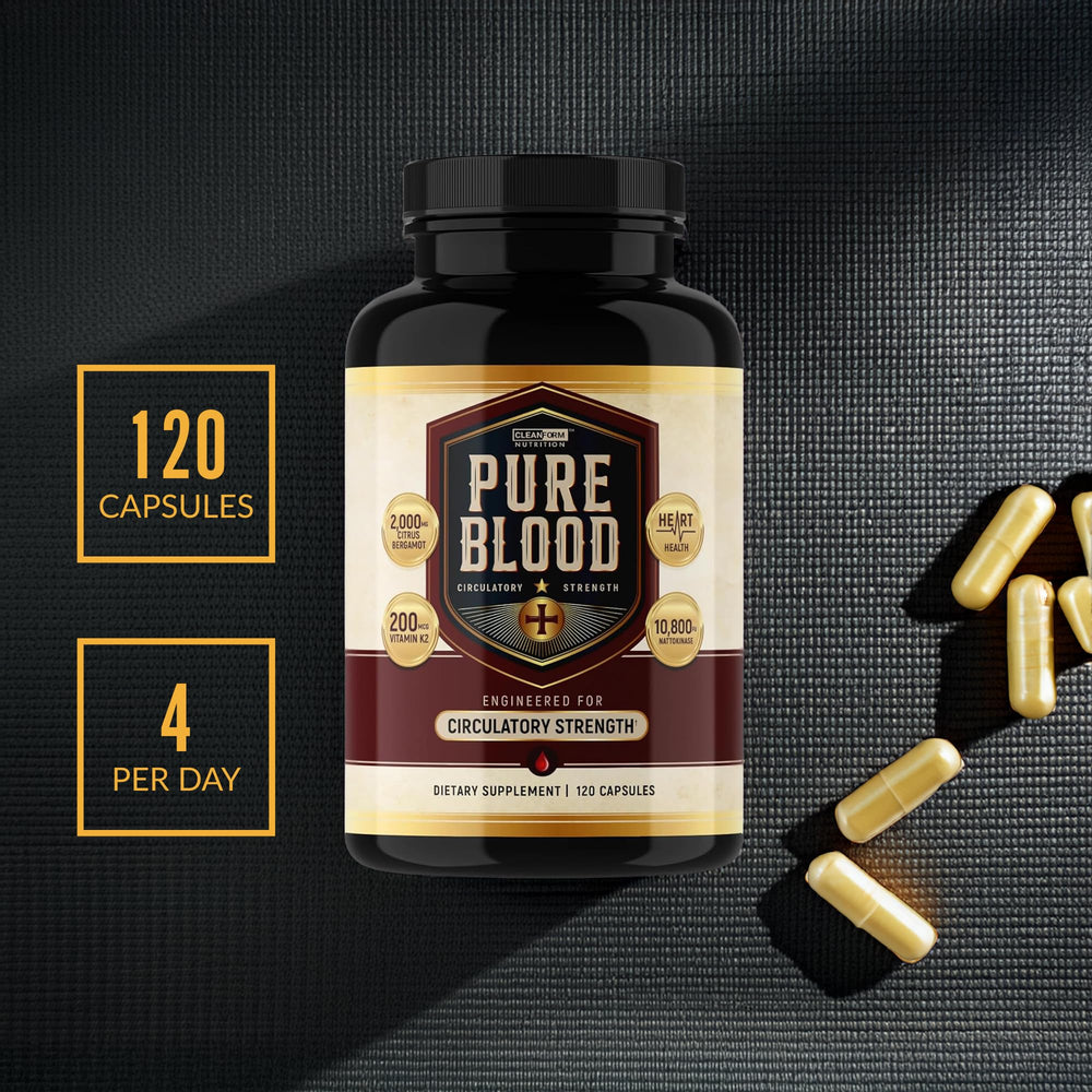 PureBlood bottle on wood table conveys natural, wellness-focused branding.